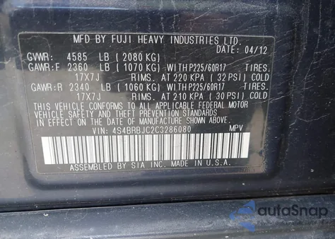 2012 Subaru Outback 2.5I Limited from USA, damaged, VIN 4S4BRBJC2C3286080